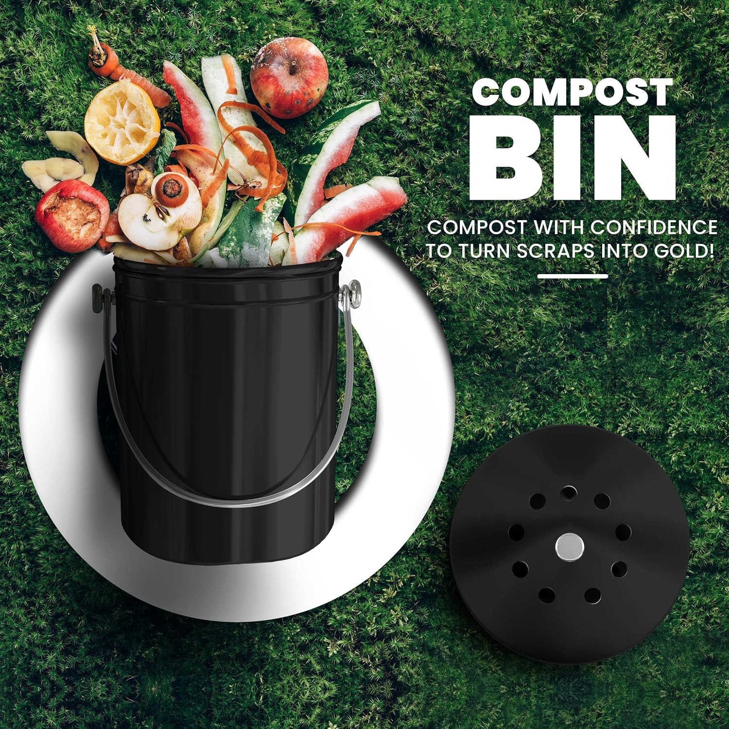 Countertop Compost Bin 1.3 Gallon, Stainless Steel, Black | Odorless countertop compost bin with charcoal filter