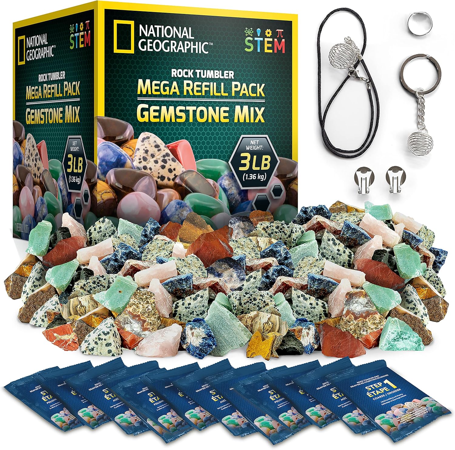 National Geographic Rock Tumbler Refill Kit with 3 Lbs. Rough Gems | 3 Lbs. Rough Gemstones, Amethyst and Quartz