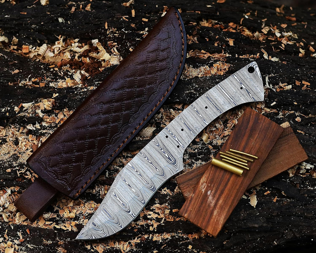 Damascus Knife Making Kit DIY Handmade Knife Kit Includes Knife Blank Knife Steel Blade, Pins, Knife with Sheath