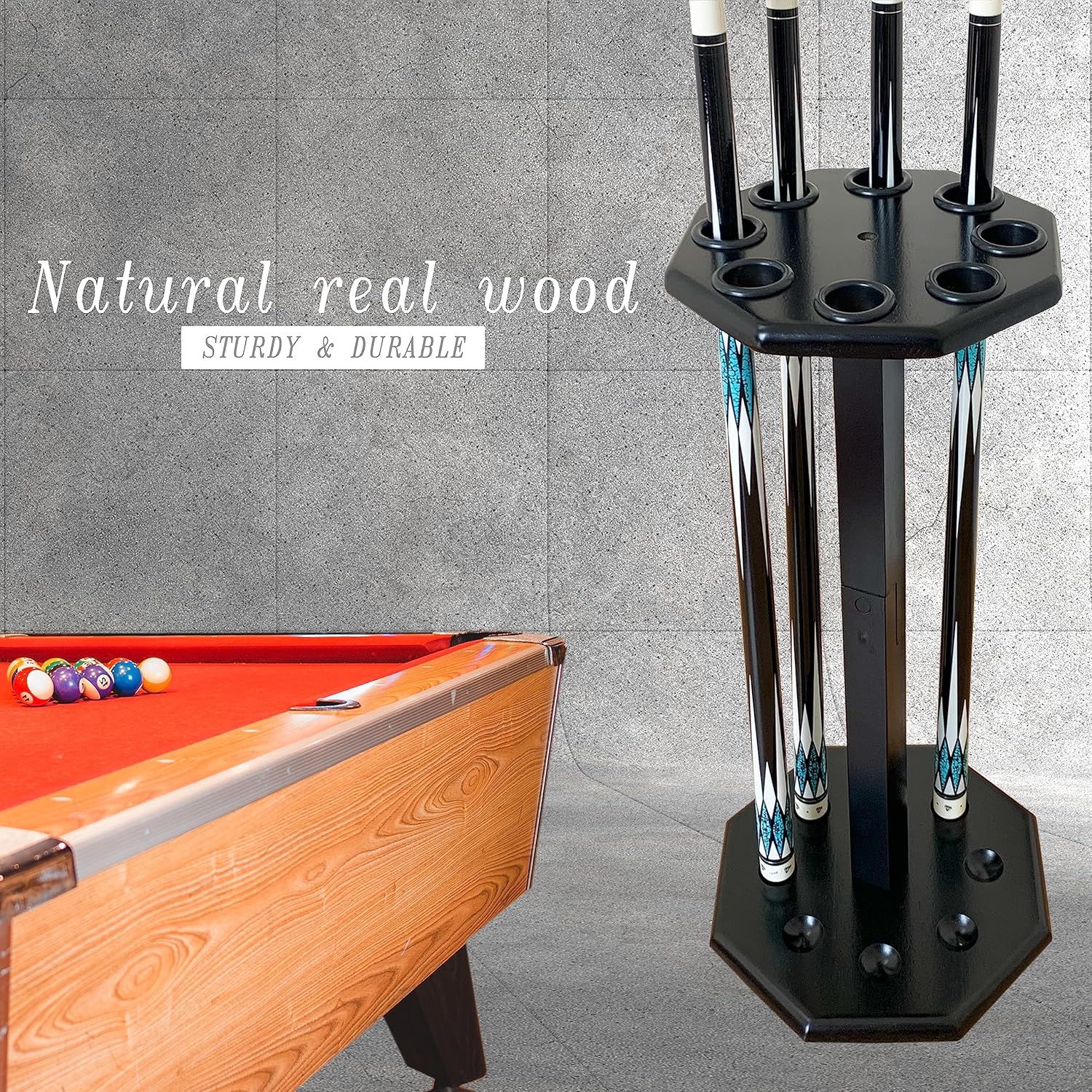 Freestanding Billiard Cue Rack, Pool Table Accessories Hold 8 Cues, Pool Cue Stick Holder, Wooden Floor Stand Pool