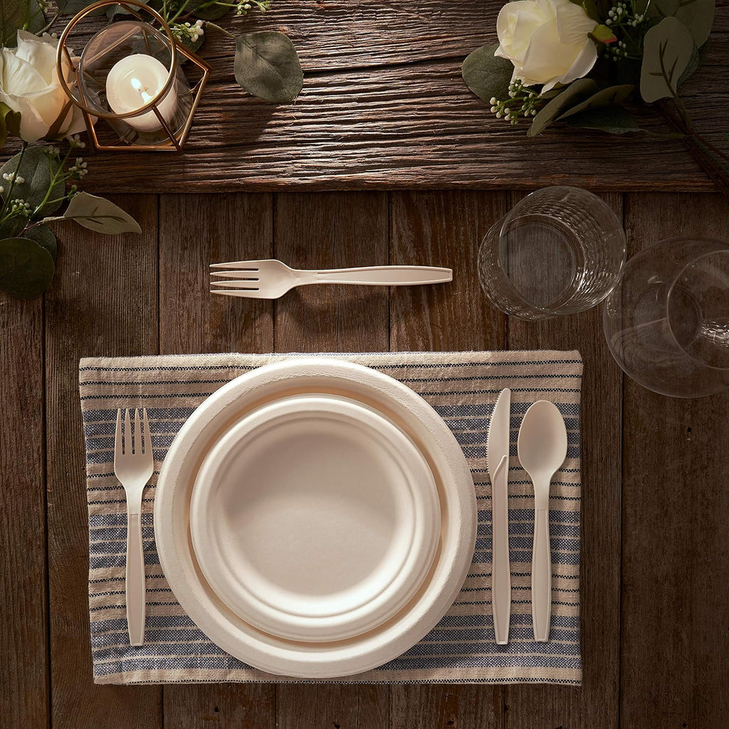 250 Piece Biodegradable Paper Plates Set (EXTRA LONG UTENSILS), Disposable Dinnerware Set, Eco Friendly Compostable