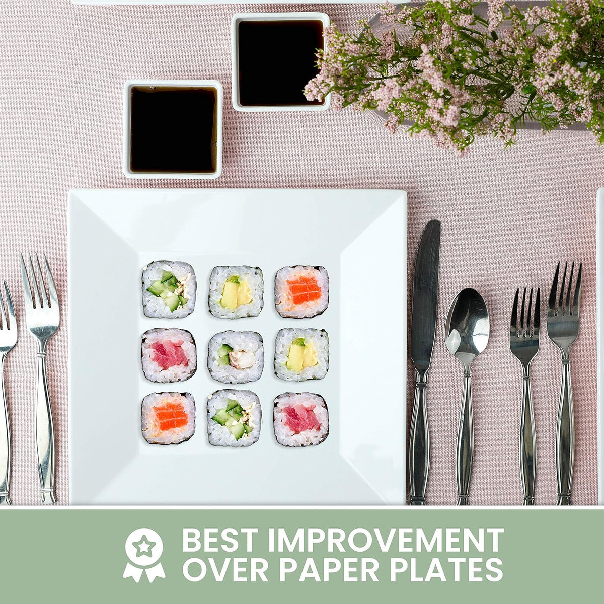 [4 Pack 10" x 10" White Square Melamine Plates, Unbreakable Elegant Dinnerware Set With Sauce Dish