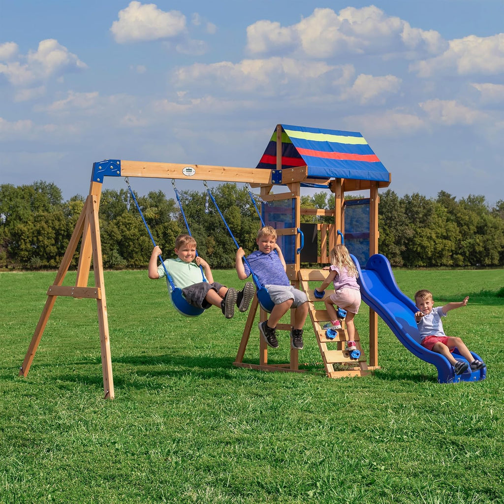 Bay Pointe Cedar Wood Swing Set with Wave Slide, Play Deck, Rock Wall Ladder, Belt Swings, Chalkboard, Canopy Roof