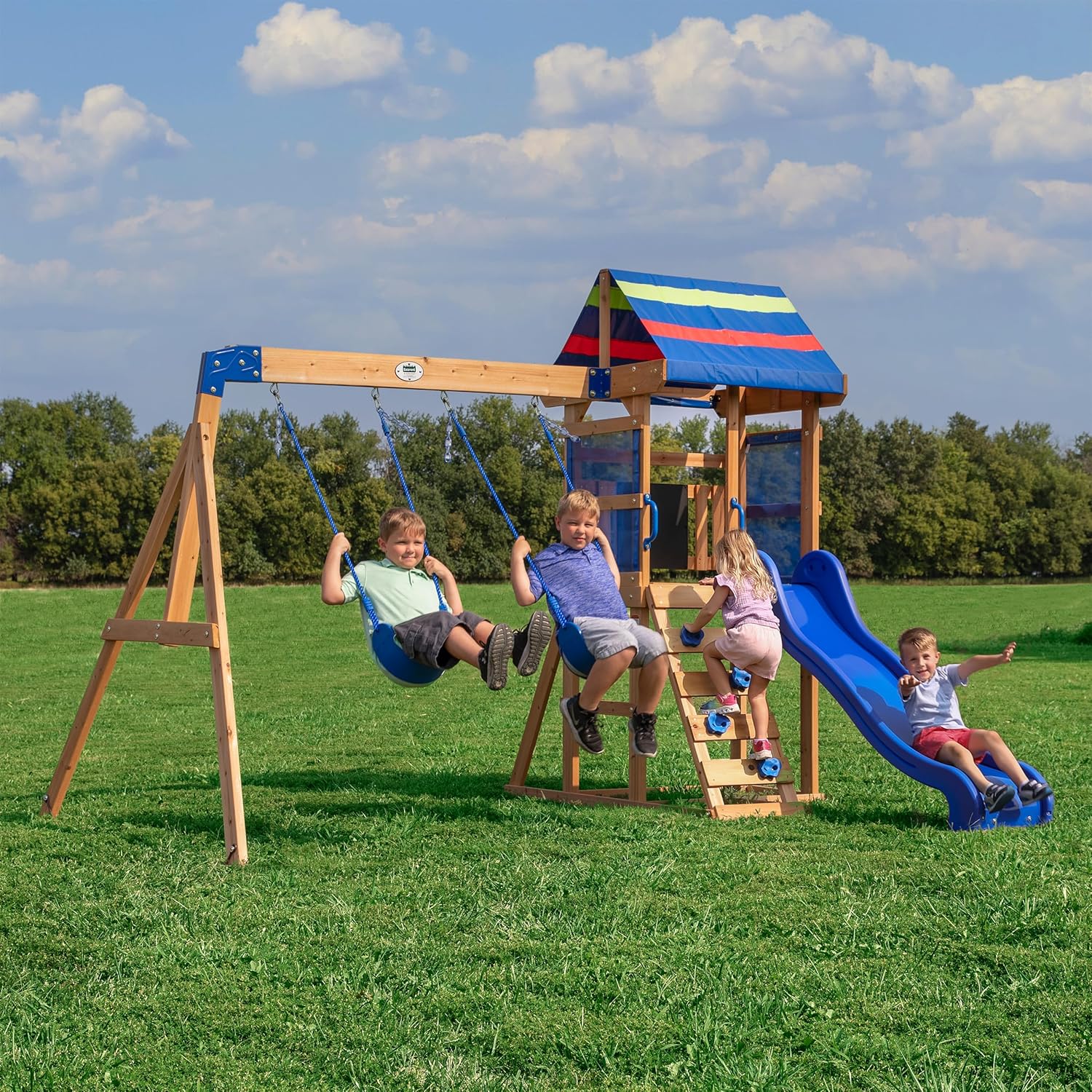 Bay Pointe Cedar Wood Swing Set with Wave Slide, Play Deck, Rock Wall Ladder, Belt Swings, Chalkboard, Canopy Roof