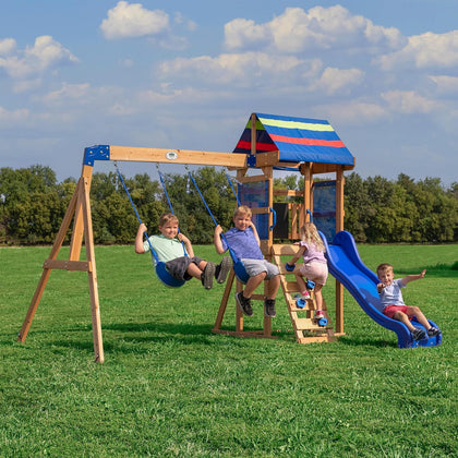 Bay Pointe Cedar Wood Swing Set with Wave Slide, Play Deck, Rock Wall Ladder, Belt Swings, Chalkboard, Canopy Roof