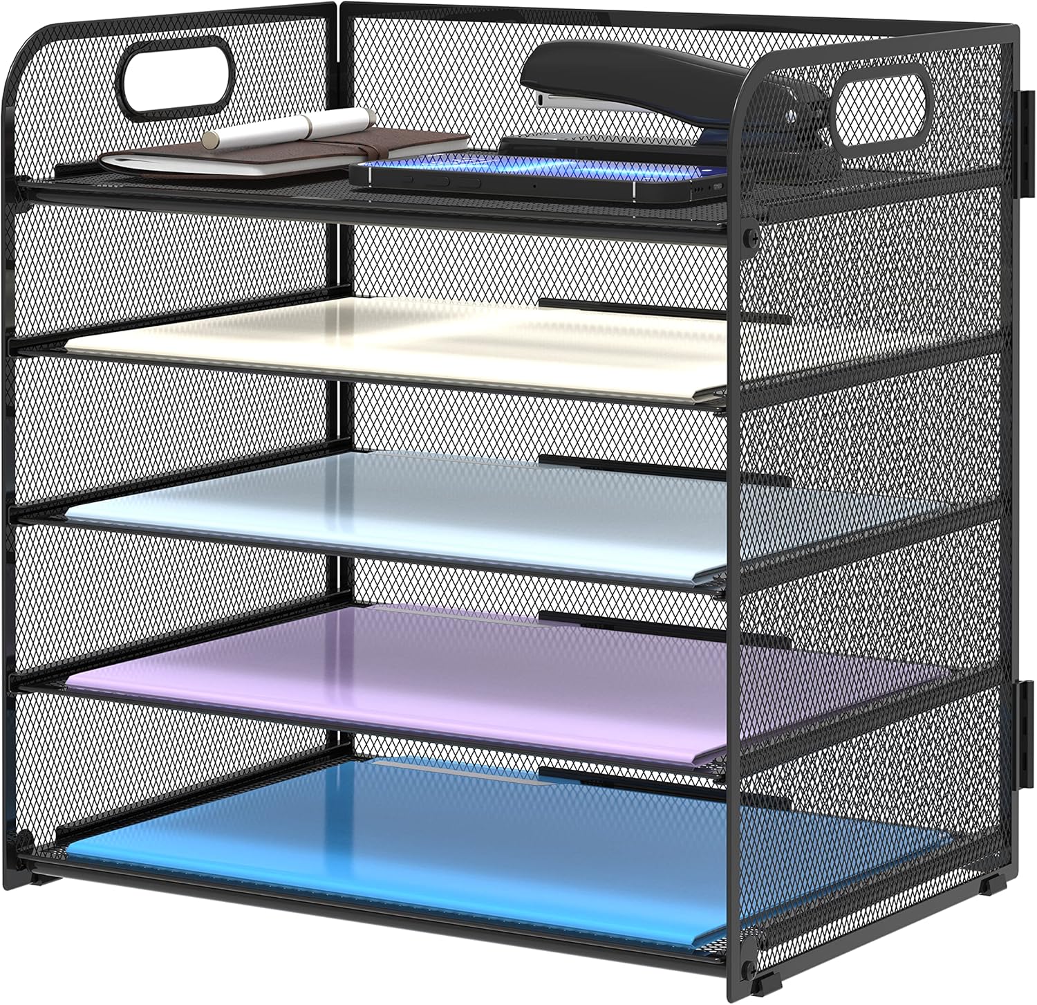 5 Trays Paper Organizer Letter Tray with Handle-Mesh Desk File Holders, Paper Sorter Desk Organizer for Office, Home