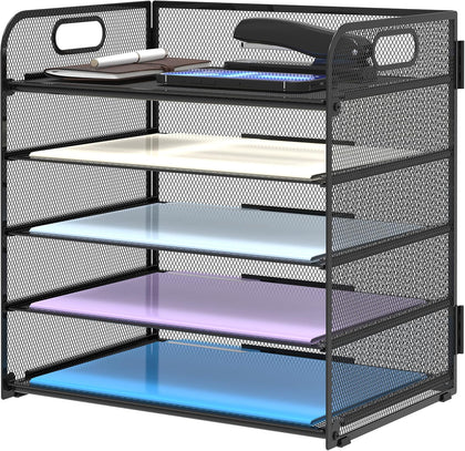 5 Trays Paper Organizer Letter Tray with Handle-Mesh Desk File Holders, Paper Sorter Desk Organizer for Office, Home
