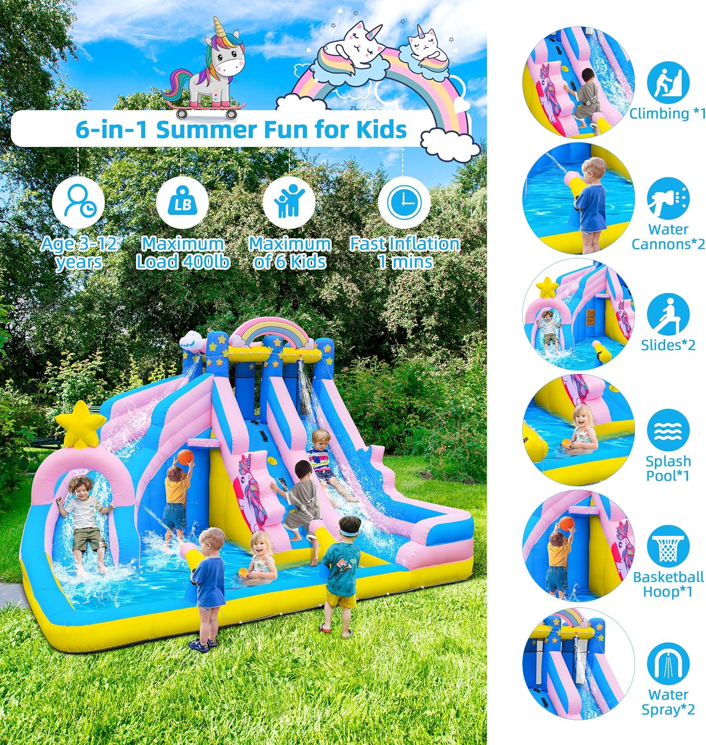 6 in 1 Inflatable Water Slide Bounce House for Kids Backyard | 550W Blower, 840D Oxford, Inflatable Water Park