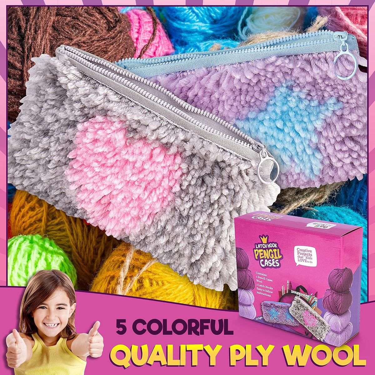 Latch Hook Kit for Kids - 2 DIY Rug Pencil Cases, Beginner Ages 8-12
