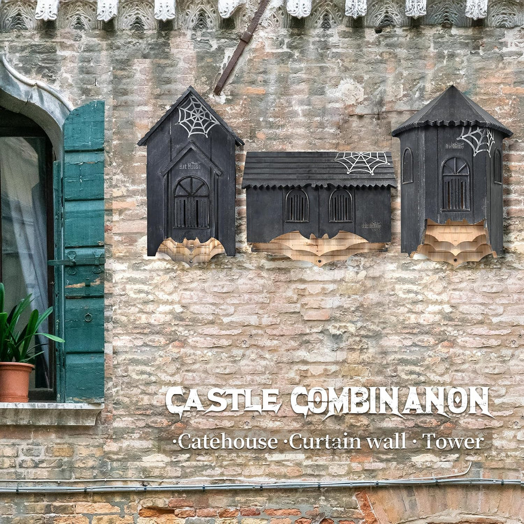 Wooden Castle Bat House with Gatehouse/Tower/Curtain Wall Design, Large Ventilated 2/3 Chamber Bat Box, Ideal for