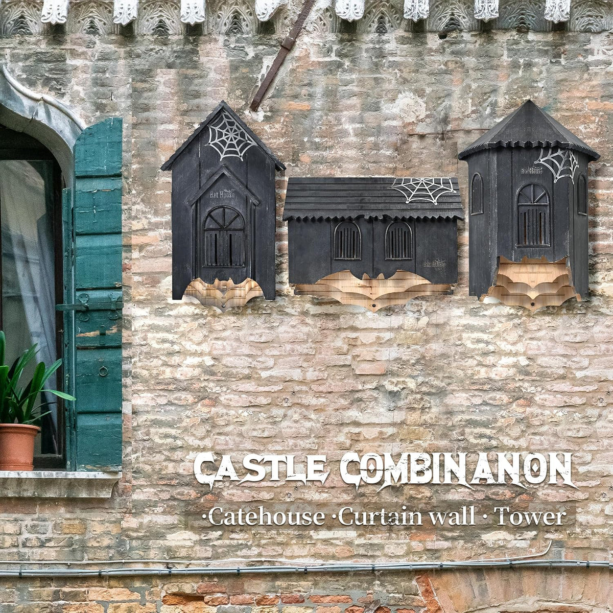 Wooden Castle Bat House with Gatehouse/Tower/Curtain Wall Design, Large Ventilated 2/3 Chamber Bat Box, Ideal for