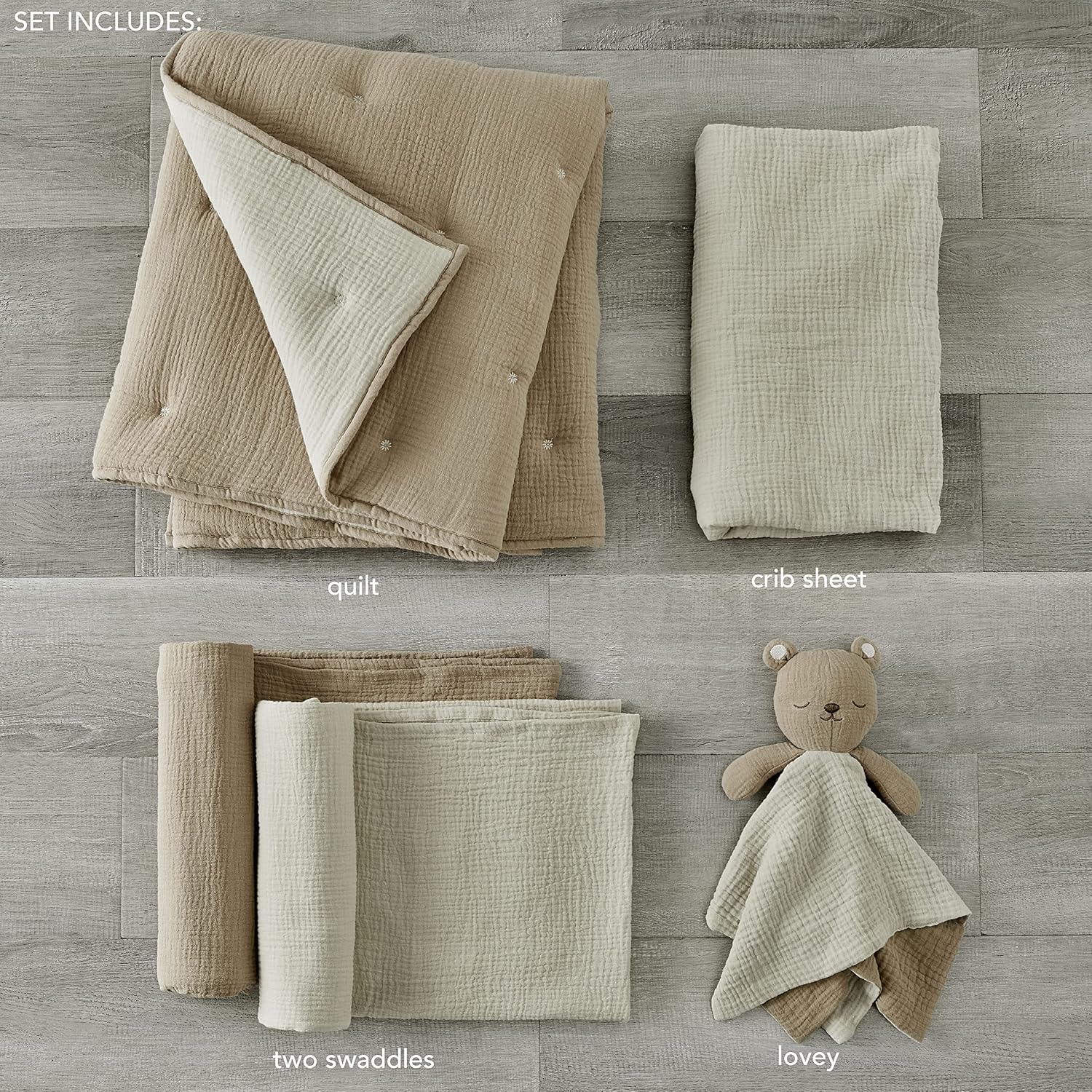 Cloud Muslin Crib Bed Set - Baby Nursery Set - Cacao and Beige Stars - Grey Textured Muslin - 5 Piece Set Includes