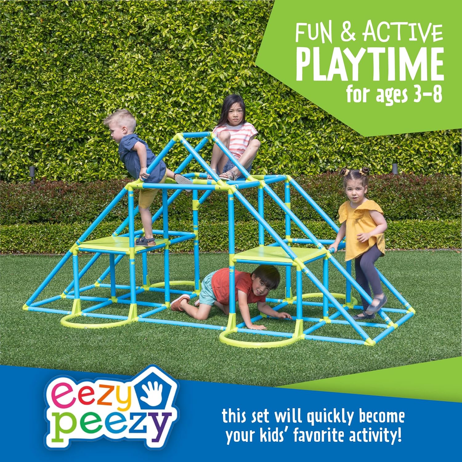 Mega Pyramid Monkey Bars Climbing Tower Active Outdoor Fun for Kids Ages 3 to 8 Years Old, Blue/Green