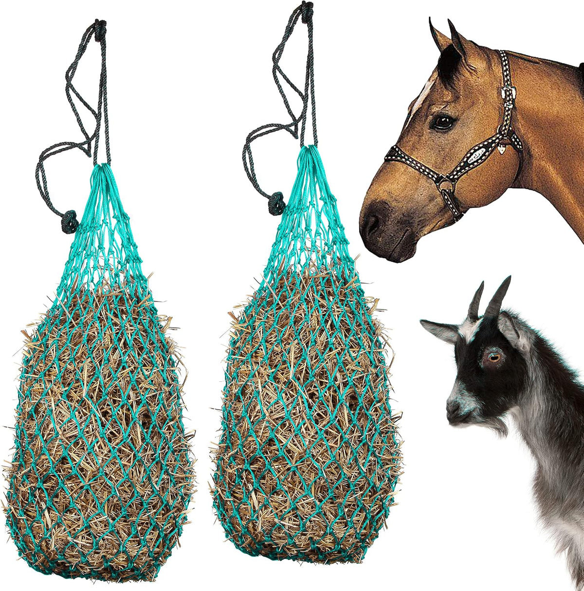 2 pcs Ultra Slow Feed 1.5"x1.5" Holes 40” Hay Net for Horses and livestocks (Turquoise)