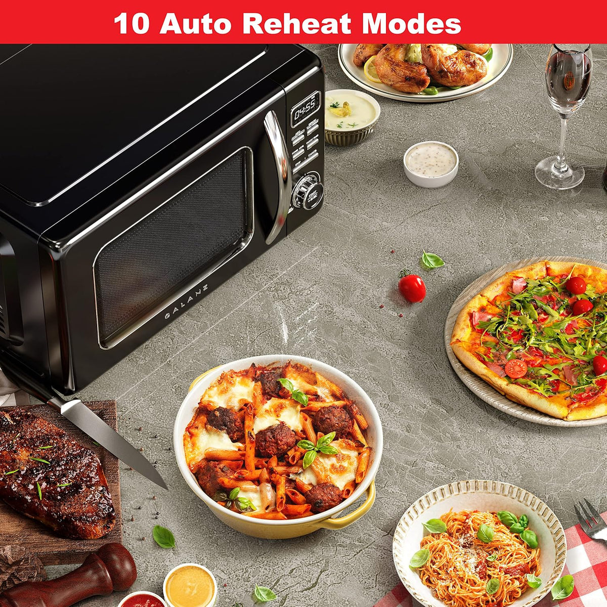 GLCMKZ09BKR09 Retro Countertop Microwave Oven with Auto Cook & Reheat, Defrost, Quick Start Functions, Easy Clean