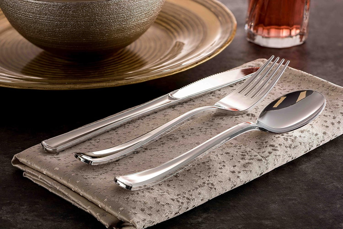 300 Plastic Silverware Set - Silver Cutlery Set - Disposable Flatware Set - 100 Forks - 100 Spoons - 100 Knives