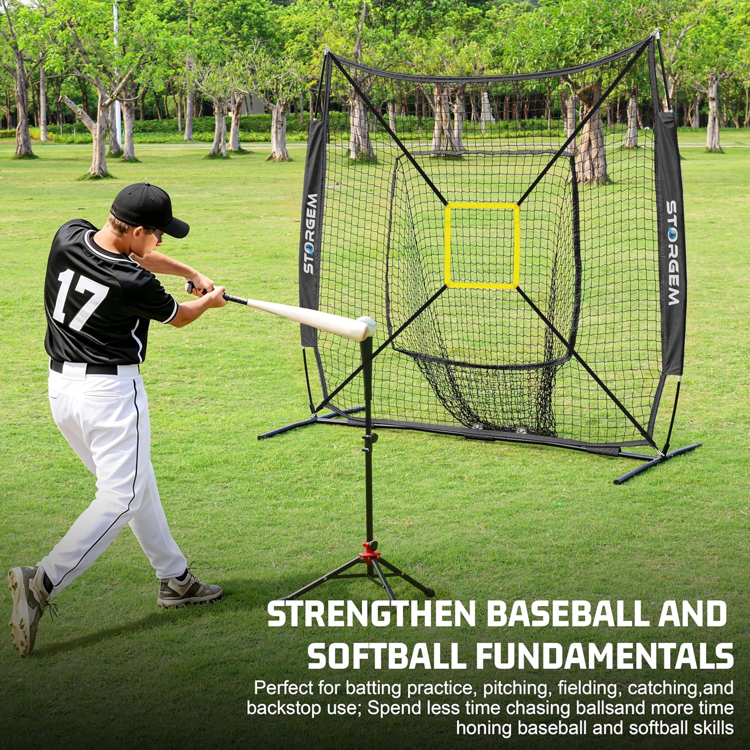 7x7 Baseball Softball Net with Tee, Strike Zone & Bow Frame | 7x7 Baseball Pitching Hitting Net with Strike Zone