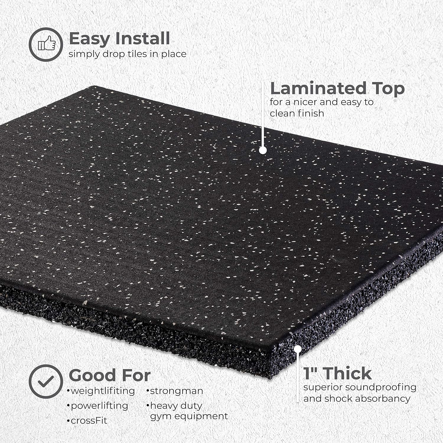 Genaflex Pro Heavy Duty Thick Rubber Gym Floor Tiles High Density Shock Absorbent Laminated Deadlift Mats - 1" Thick