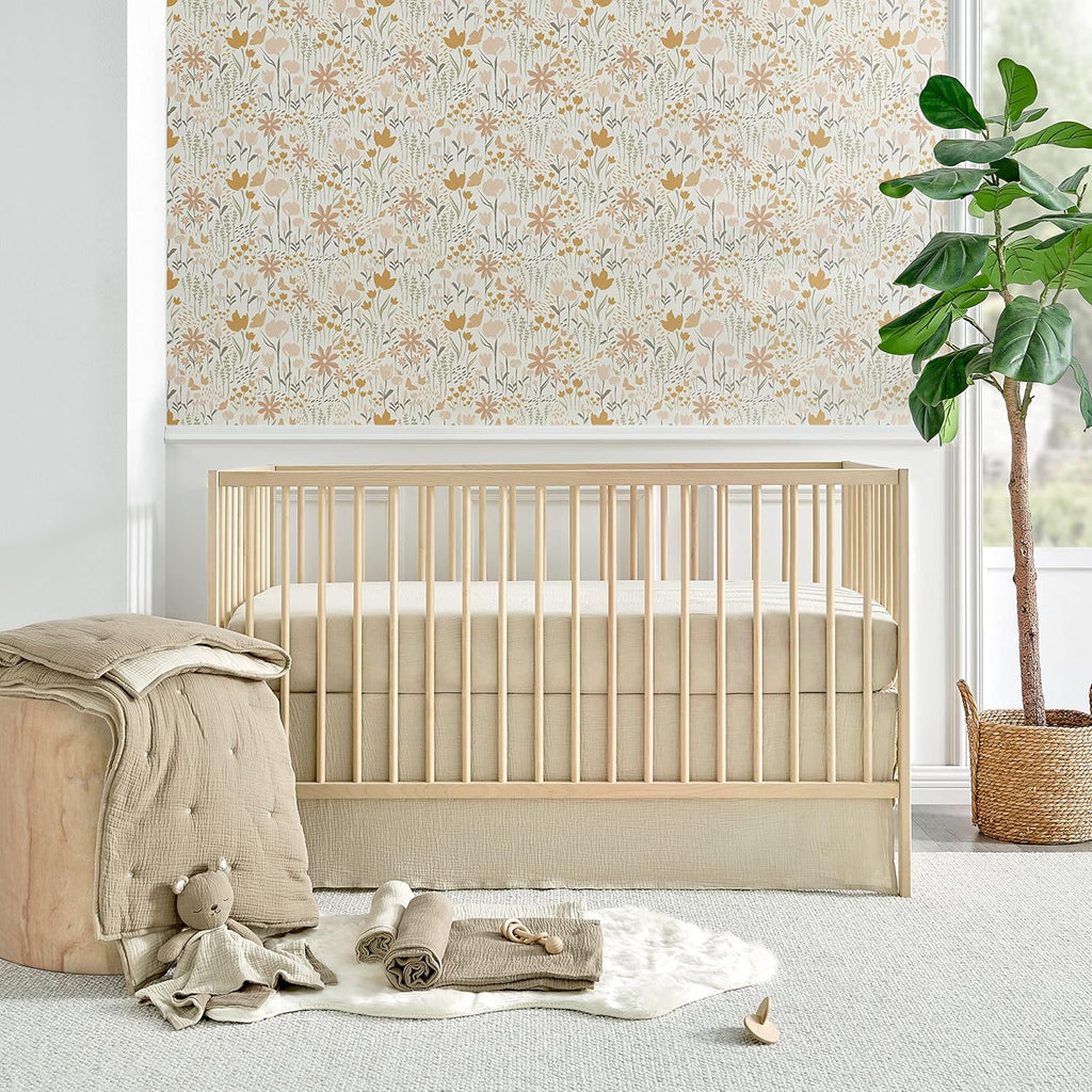 Cloud Muslin Crib Bed Set - Baby Nursery Set - Cacao and Beige Stars - Grey Textured Muslin - 5 Piece Set Includes