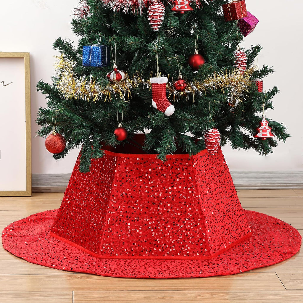 Red Sequin Christmas Tree Skirt and Tree Collar | 36 Inch Sparkly Base Cover, 24.8 Inch Foldable Sparkling Sequin