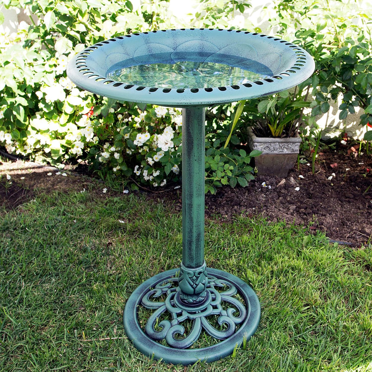 TEC116 Outdoor Aged Green Pedestal Birdbath with Scrollwork, 28" Tall, Green