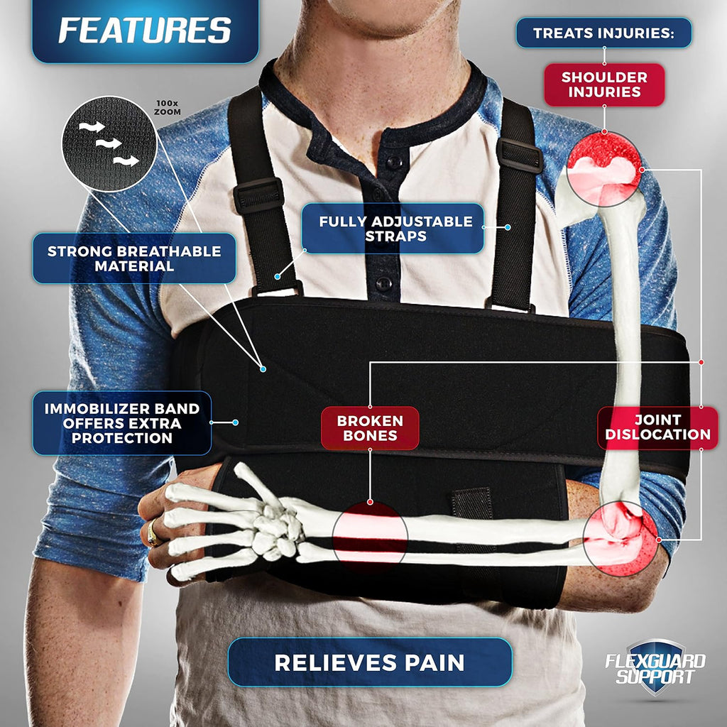 Lightweight Arm Sling for Pain Relief and Shoulder Immobilizer for Dislocation, Breaks, Injuries - Black, Large