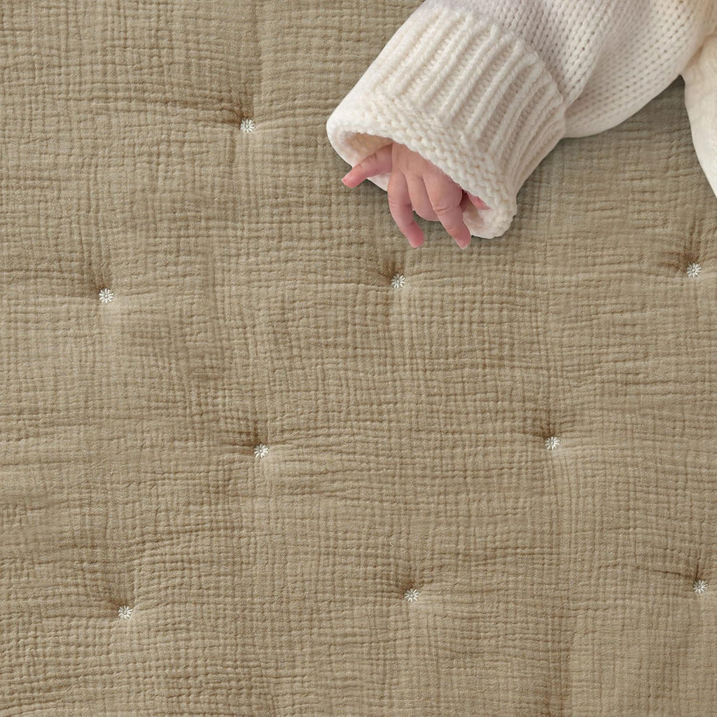 Cloud Muslin Crib Bed Set - Baby Nursery Set - Cacao and Beige Stars - Grey Textured Muslin - 5 Piece Set Includes