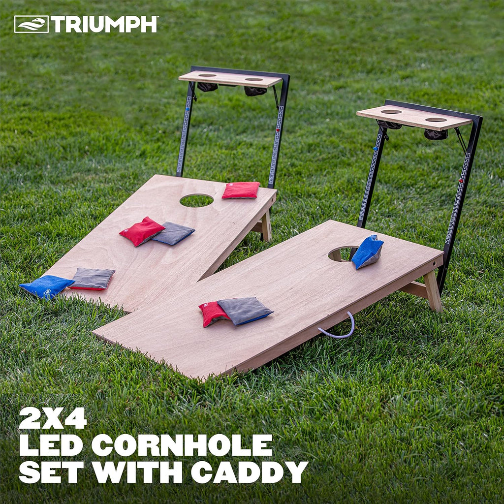 Triumph 2x4 Cornhole Set with Integrated Caddy and LED Lights – Full-Size Cornhole Boards with Cup Holders, Snack