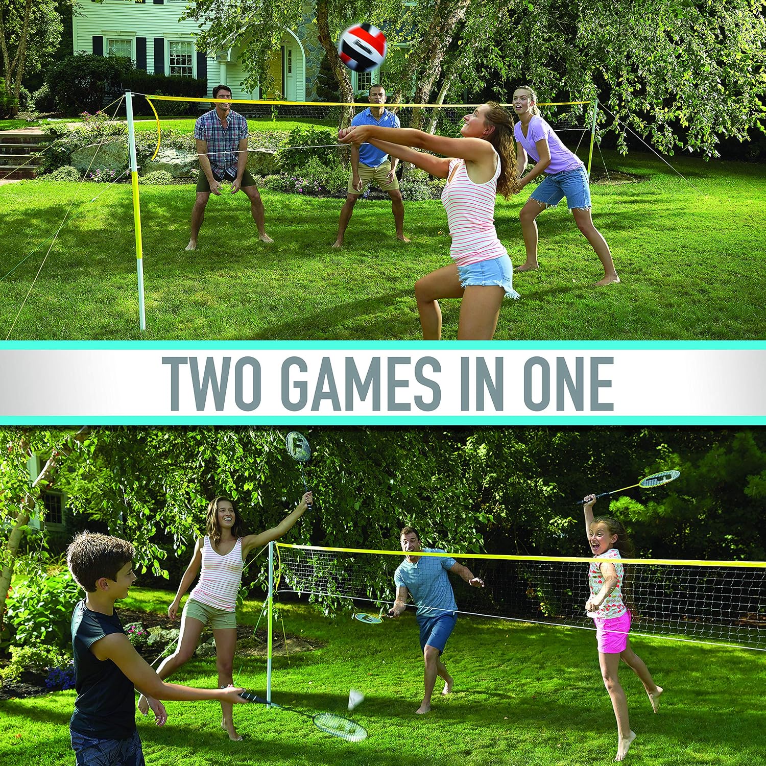Volleyball + Badminton Combo Sets - Backyard + Beach Outdoor Volleyball + Badminton Net Set - Portable Badminton +