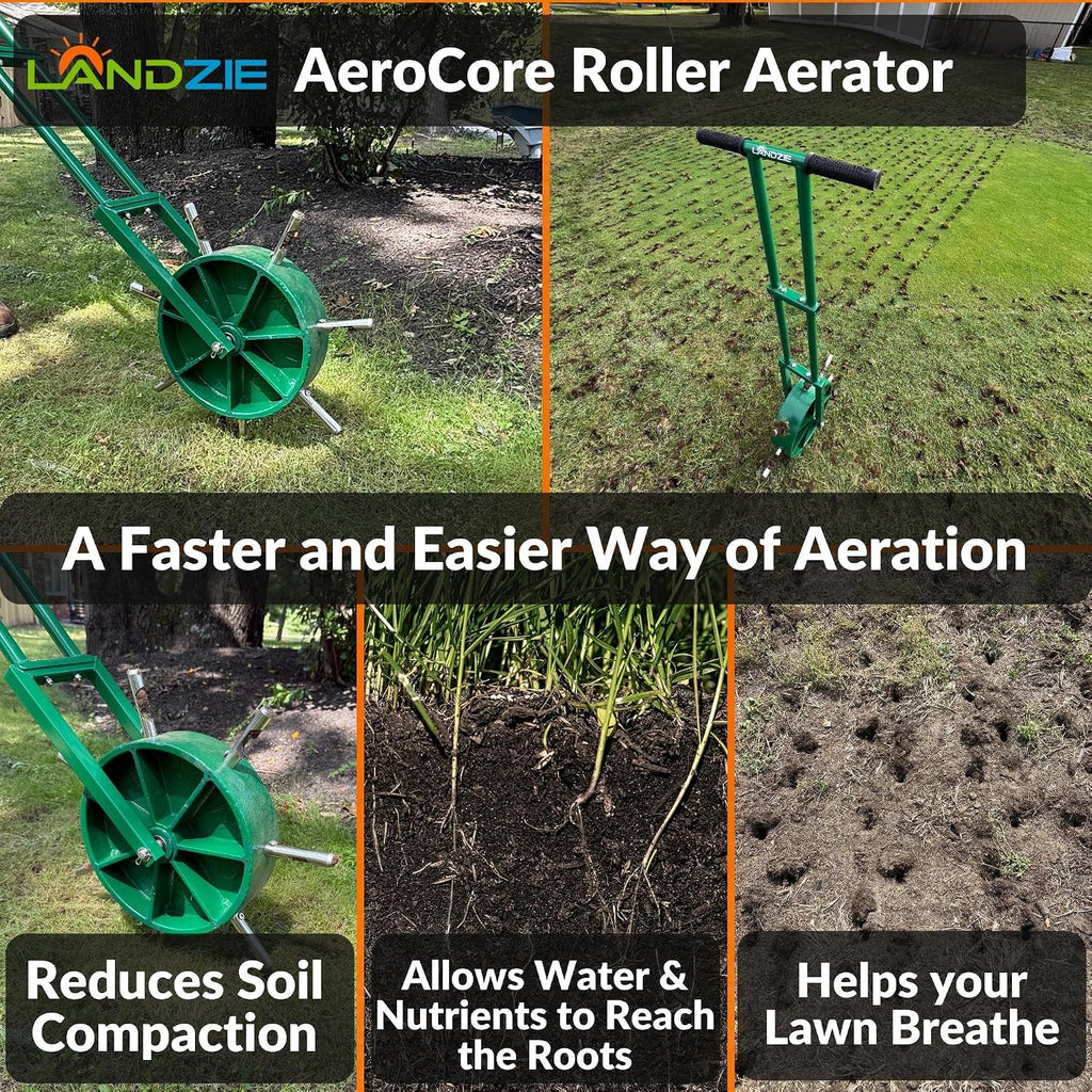 AeroCore Rolling Lawn Aerator – Manual Core Plug Aerator with Chamfered Hollow Tines – Heavy-Duty 38.8 Pound Wheel
