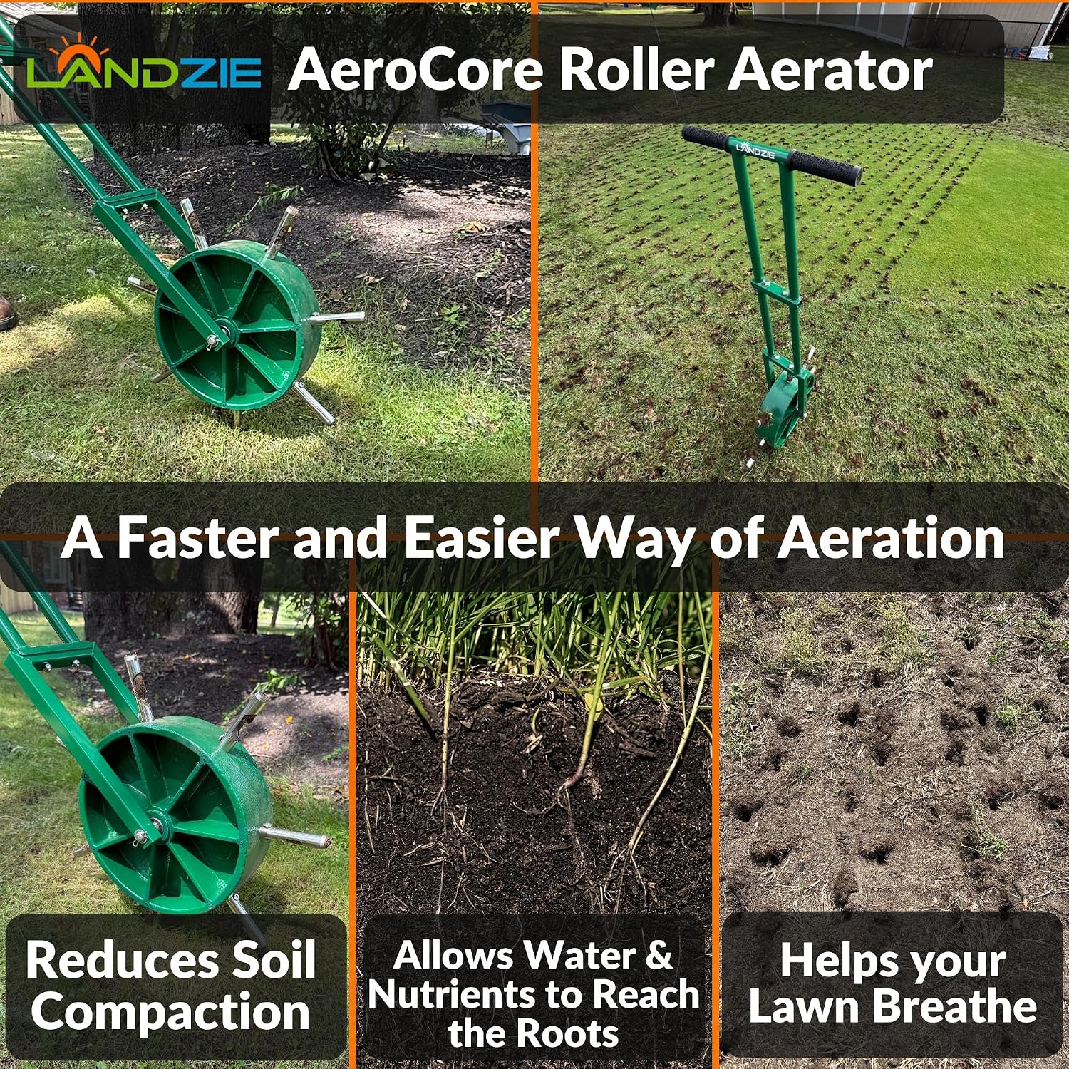 AeroCore Rolling Lawn Aerator – Manual Core Plug Aerator with Chamfered Hollow Tines – Heavy-Duty 38.8 Pound Wheel