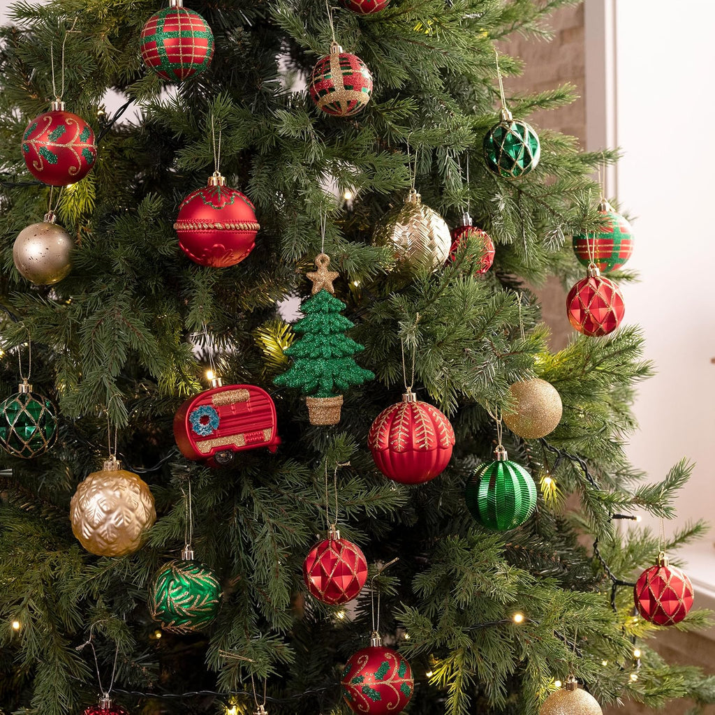 Christmas Tree Ornaments Set, 60ct Red Green and Gold Shatterproof Christmas Tree Decorations Bulk, Traditional