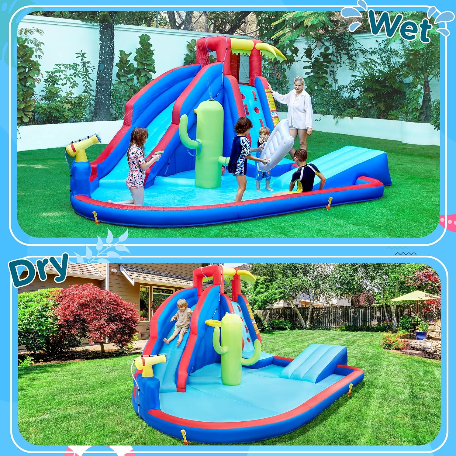 Yaheetech Inflatable Bounce House, Blow Up Water Slide Park Castle for Kids Aged 3-10 w/Splash Pool, Water Cannon