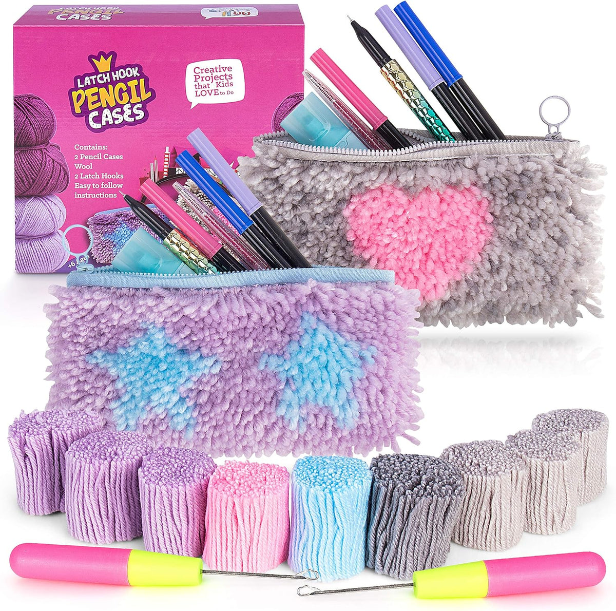 Latch Hook Kit for Kids - 2 DIY Rug Pencil Cases, Beginner Ages 8-12