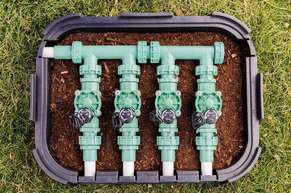 Orbit 4-Valve Preassembled Sprinkler Manifold – Easy Install, Works with PVC & Poly Pipe, Includes 4 3/4" Poly Male Adapter (4-Valve)