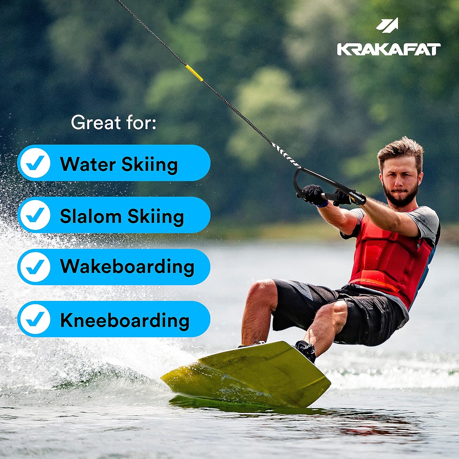 75ft Water Ski Rope, Wakeboard Rope - 13" Floating Handle with NEW Superior No-Peel Seamless EVA Grip - 7 Sections