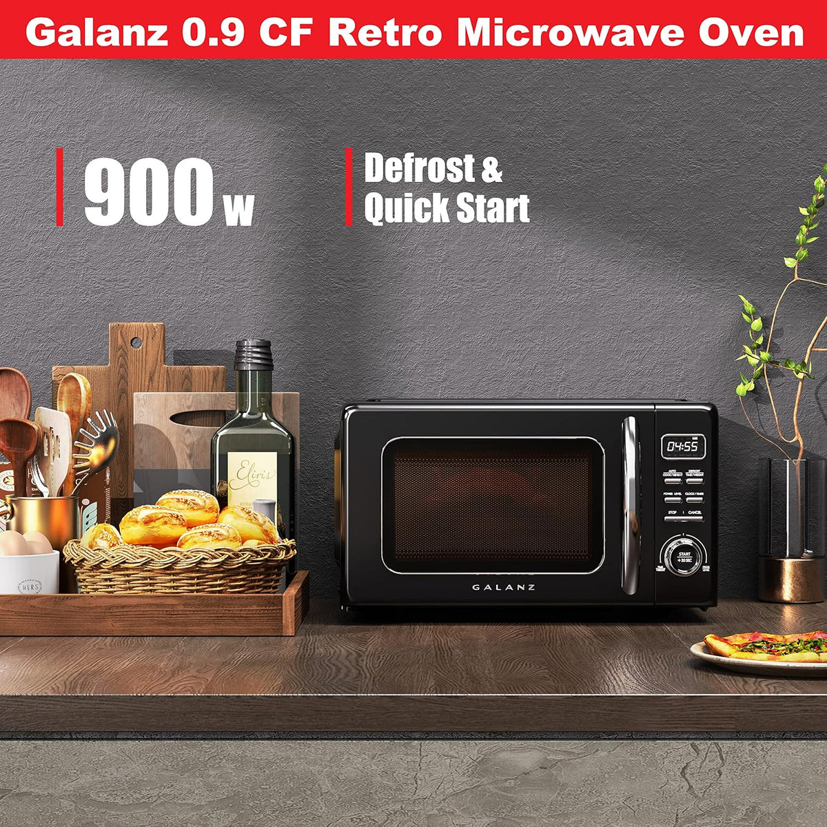 GLCMKZ09BKR09 Retro Countertop Microwave Oven with Auto Cook & Reheat, Defrost, Quick Start Functions, Easy Clean