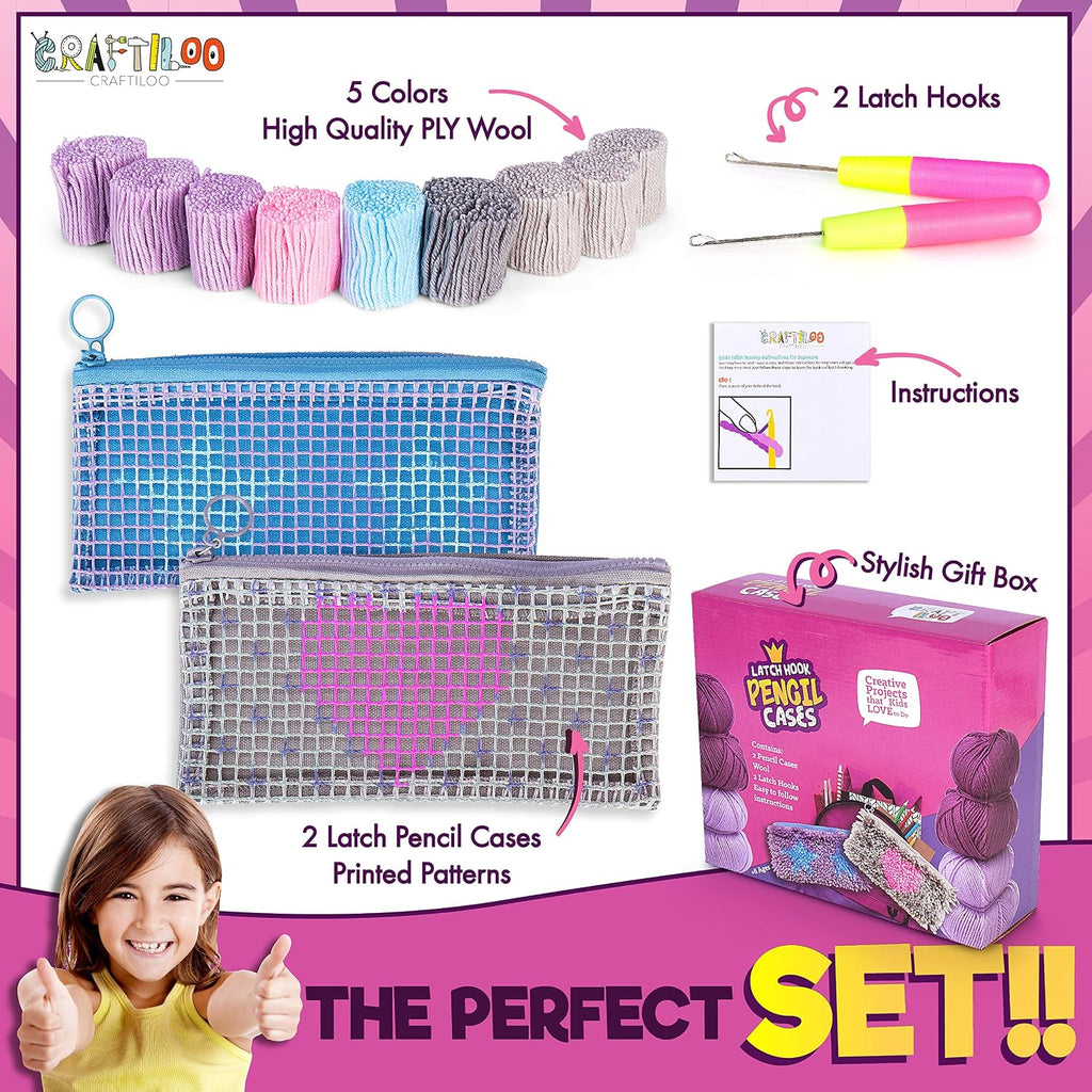 Latch Hook Kit for Kids - 2 DIY Rug Pencil Cases, Beginner Ages 8-12