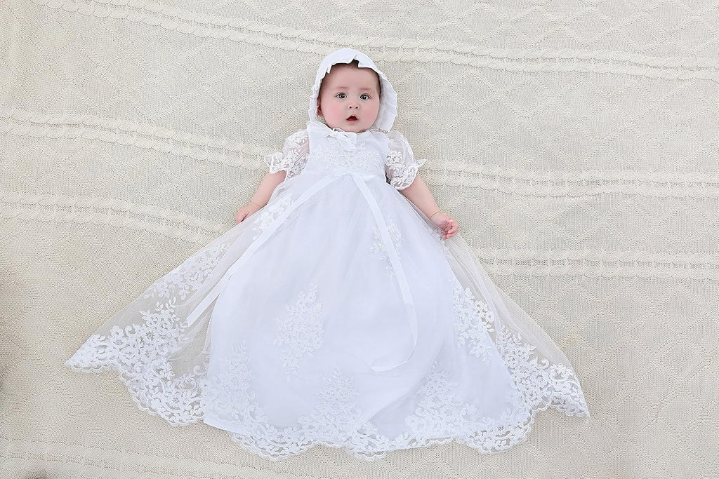 Baby Girls Baptism Delicate Embroideried Gown with Bonnet for 0-12 Months