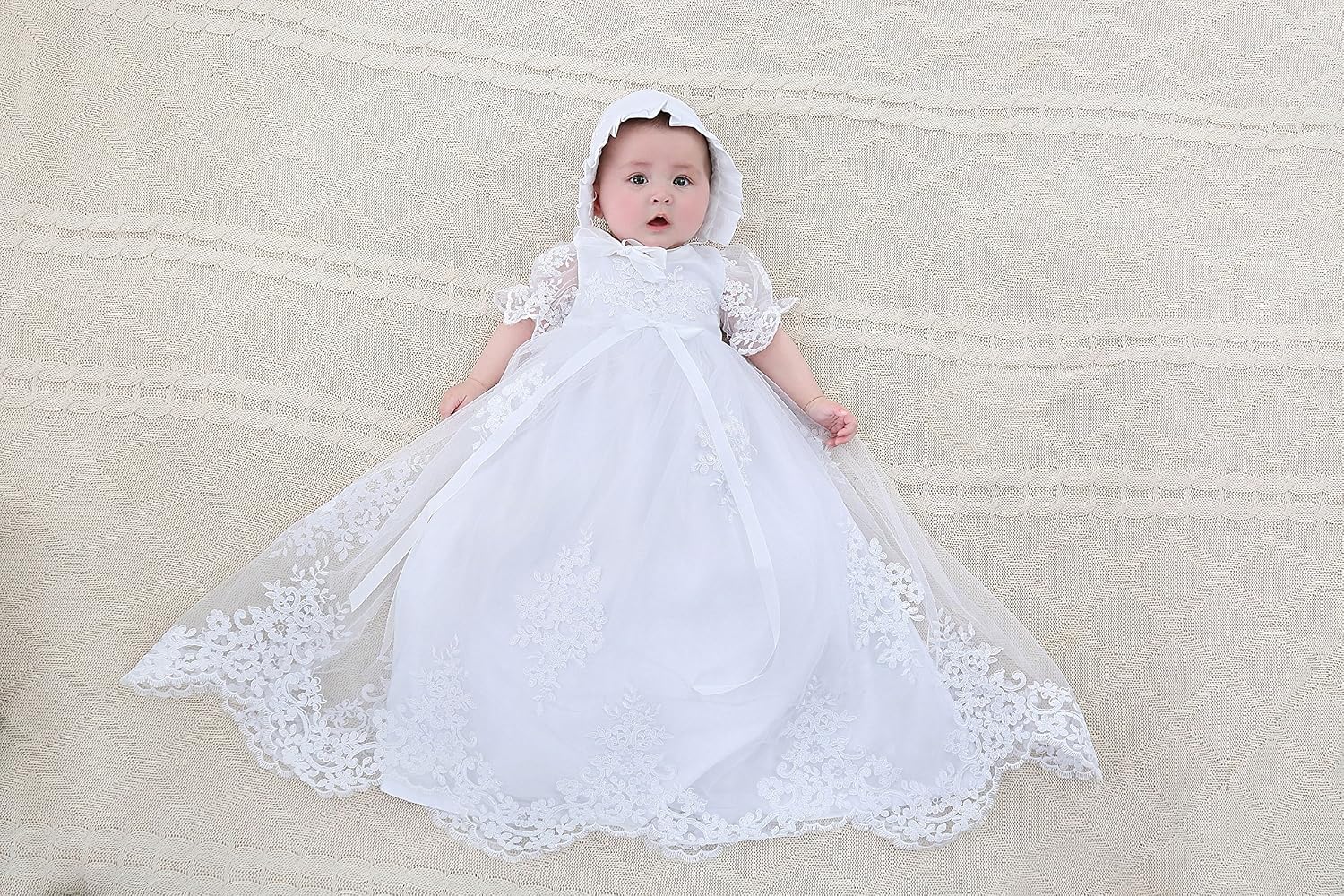 Baby Girls Baptism Delicate Embroideried Gown with Bonnet for 0-12 Months