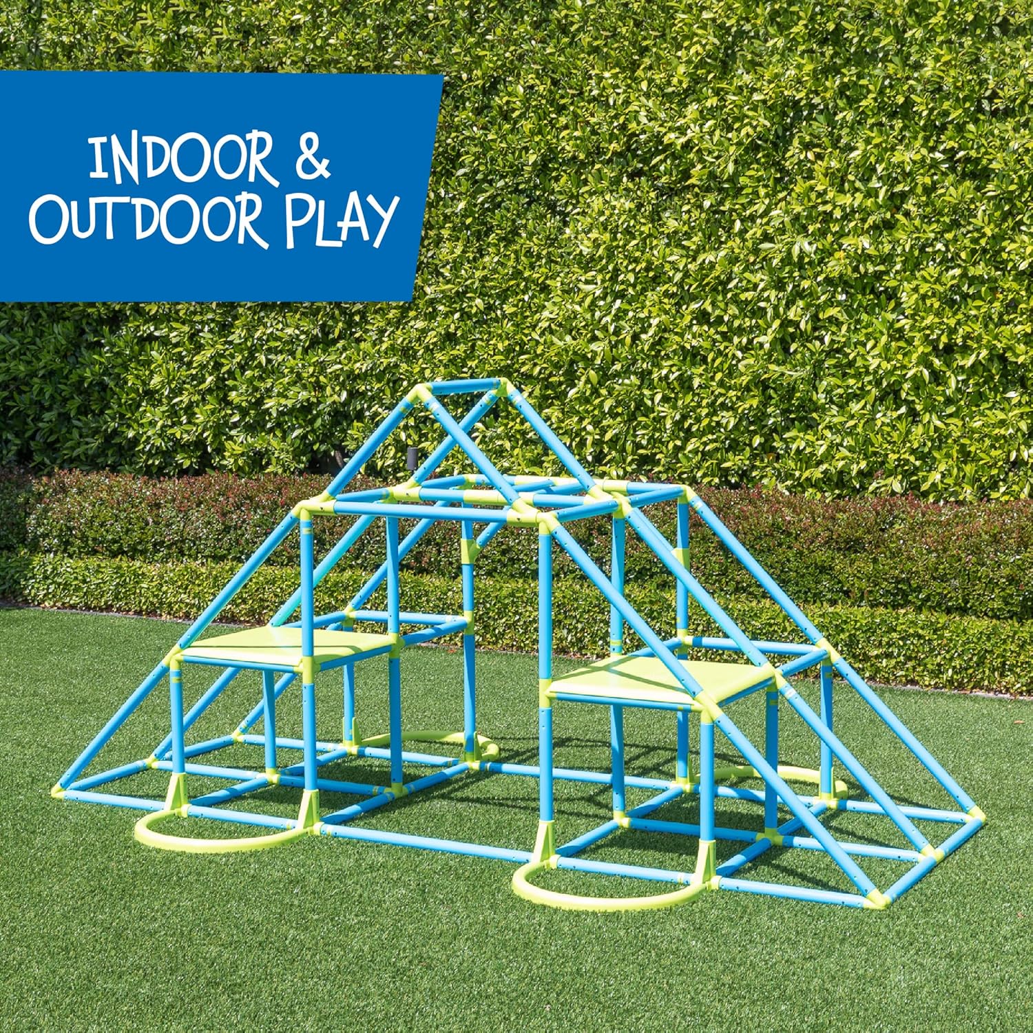 Mega Pyramid Monkey Bars Climbing Tower Active Outdoor Fun for Kids Ages 3 to 8 Years Old, Blue/Green