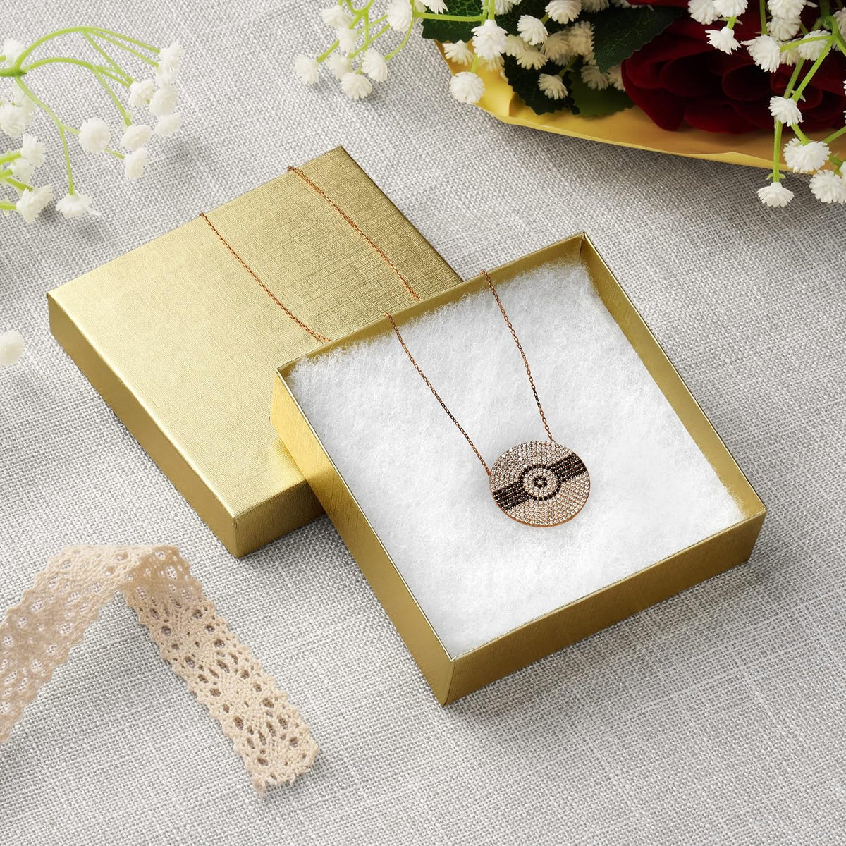 Cardboard Jewelry Boxes 10 Pack - 3.5"x3.5"x1" Bulk Cotton Filled Small Gift Boxes with Lids for Jewelry Packaging