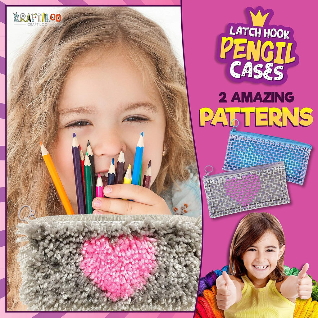 Latch Hook Kit for Kids - 2 DIY Rug Pencil Cases, Beginner Ages 8-12