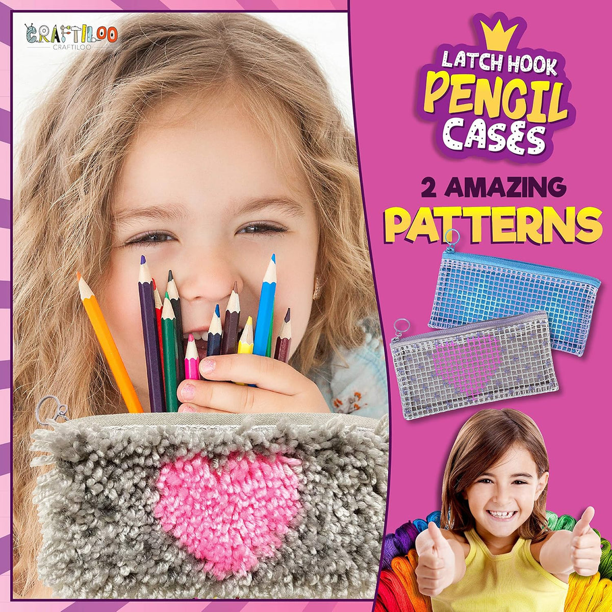 Latch Hook Kit for Kids - 2 DIY Rug Pencil Cases, Beginner Ages 8-12