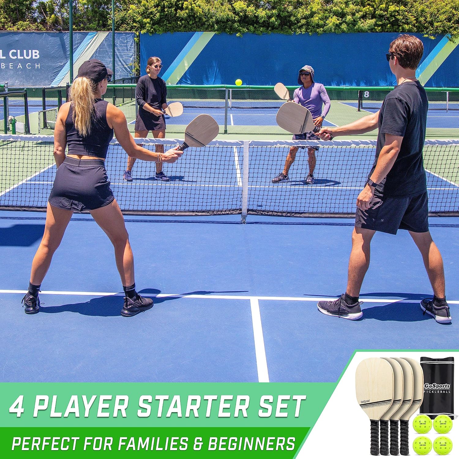 Pickleball Sets - Classic, Retro, Steel Blue, or Yellow - Includes 4 Paddles, 4 Regulation Pickleballs and Carry Case