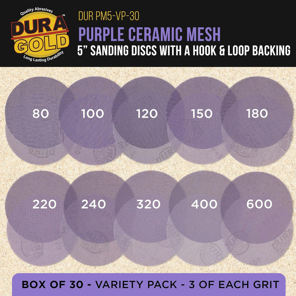 Premium 5" Purple Ceramic Mesh Sanding Discs, 30 Disc Variety Pack, Grits 80, 100, 120, 150, 180, 220, 240, 320, 400