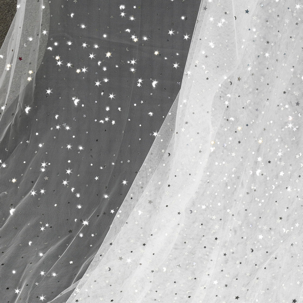10 Yards Glitter Tulle, Star Moon Sequin, 54" Wide White