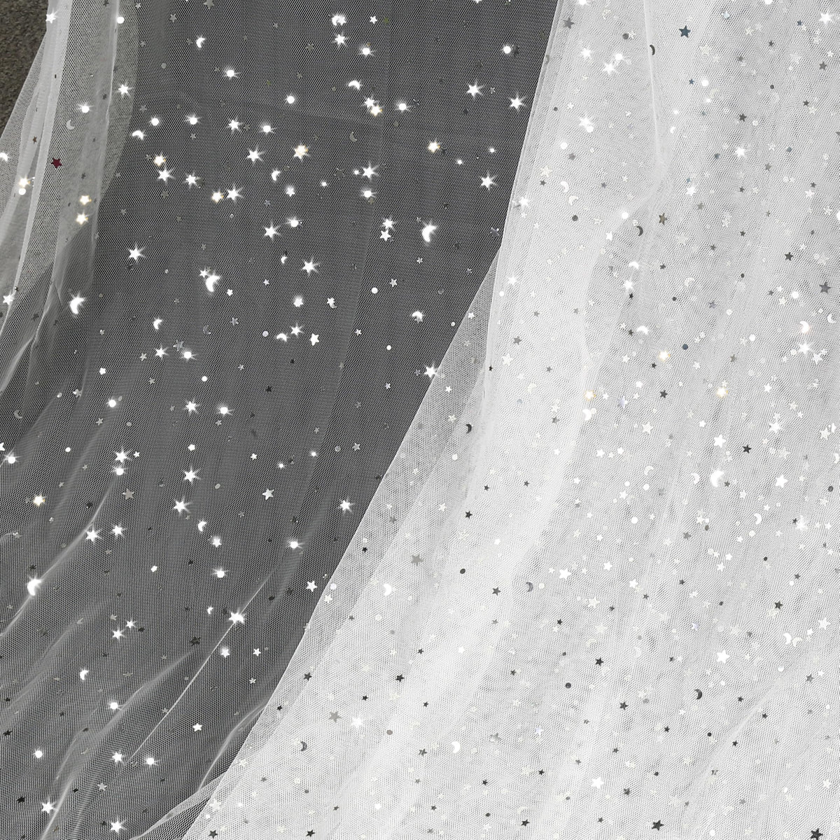 10 Yards Glitter Tulle, Star Moon Sequin, 54" Wide White