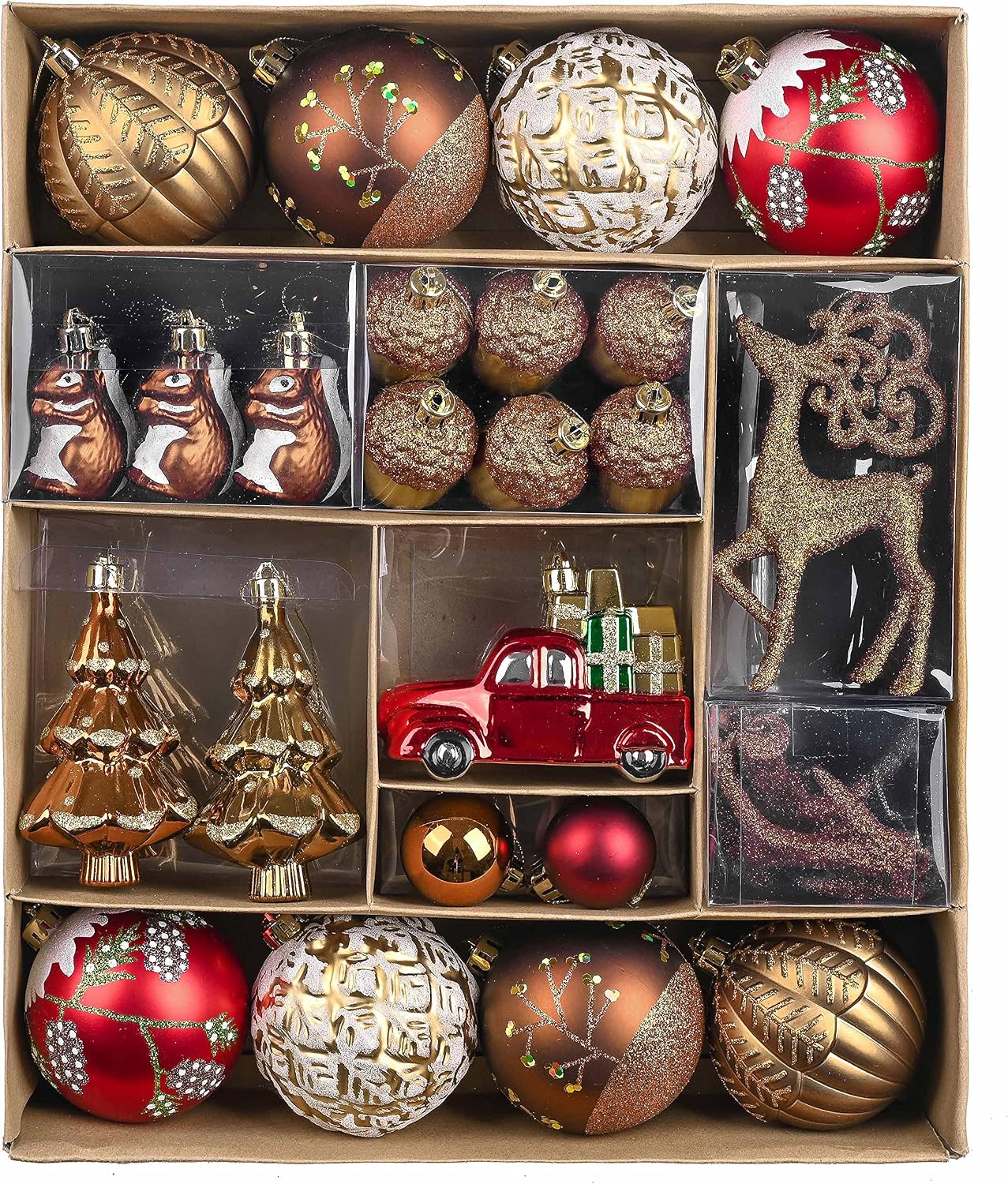 Christmas Ornaments Set, 60ct Red and Brown Shatterproof Christmas Tree Decorations, Woodland Hanging Ball Ornaments